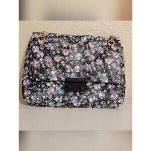 Betsey Johnson Crystal Gem Print Chain Strap Shoulder Bag Quilted Black